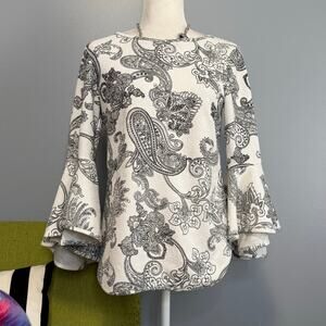 Coco Bianco White Black Damask Bell Sleeve Blouse Top